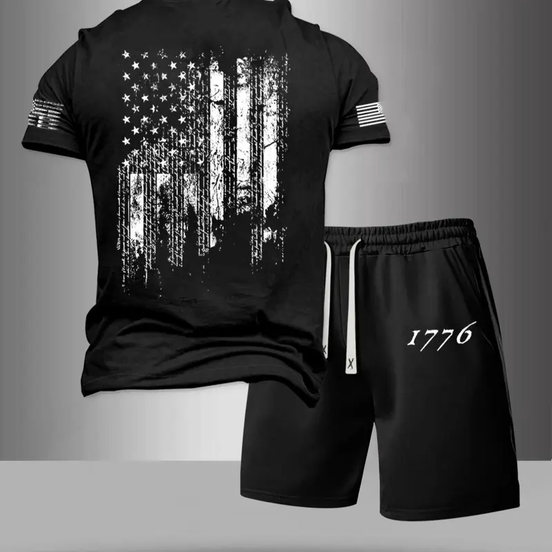 Two-Piece Set Men's American Flag Print Tee & Pocket Drawstring Waist Shorts Set, Regular Fit Casual Crew Neck Short Sleeve T-shirt & Track Shorts, Men's Clothing for Outdoor Wear
