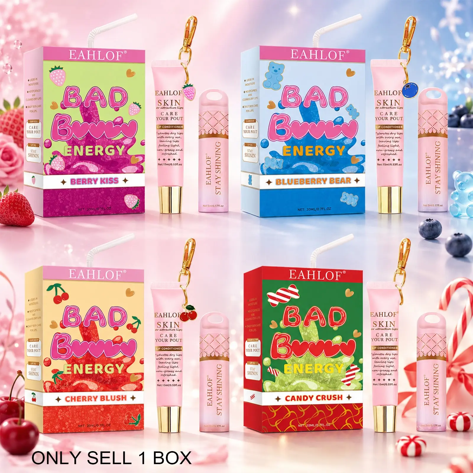 Cute Fruit Lip Duo Set, Tinted Lip Oil and Overnight Lip Sleeping Mask, Hydrating Glossy Lip Care, Sweet-Flavored Lip Makeup Gift Set, Multiple Colors Available