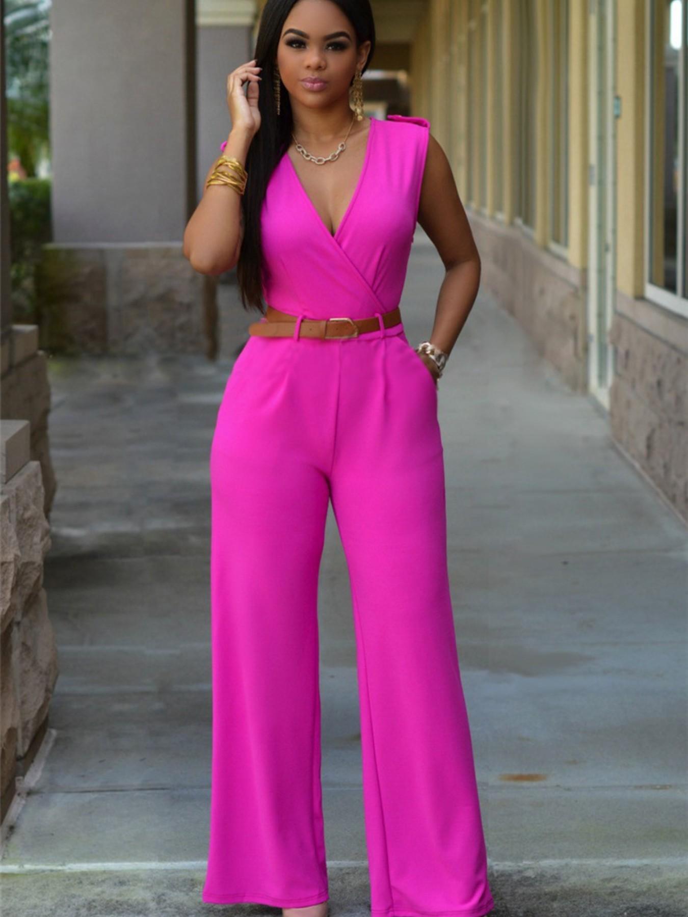 Sexy Pocket Women's Clothing, High Waisted V-Neck Wide Leg Pants, Irregular Jumpsuit with Belt, European and American Style Womenswear