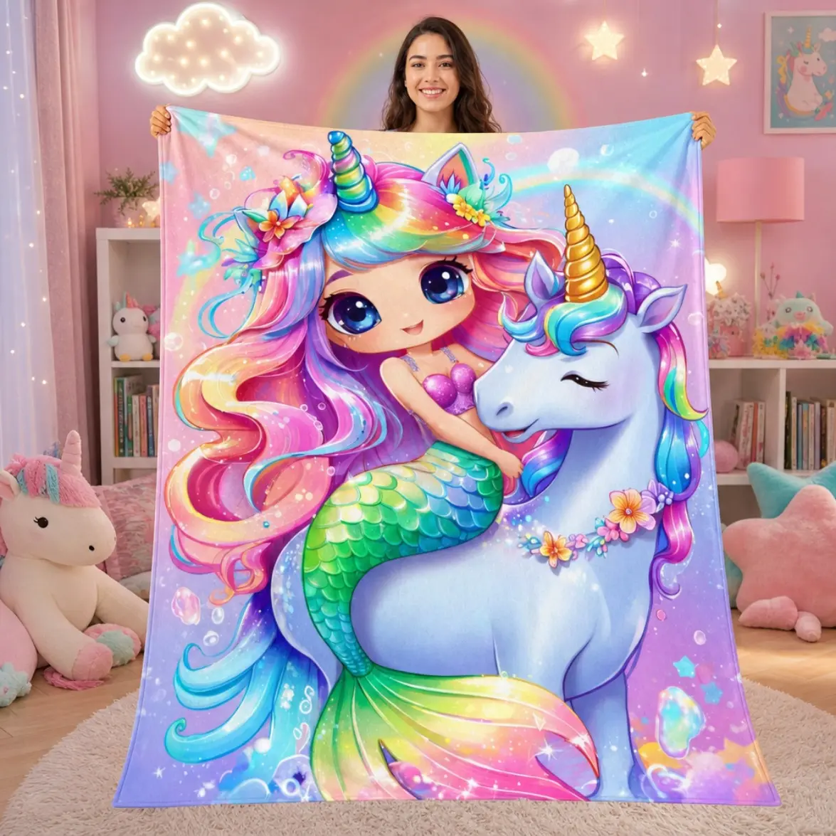 Unicorn and Mermaid Flannel Throw Blanket, Super Soft Fleece Blanket for Kids Girls, Cozy Plush Blanket for Sofa Bed Couch, Cute Fantasy Home Decor, Birthday Christmas Gift, All Season Blanket