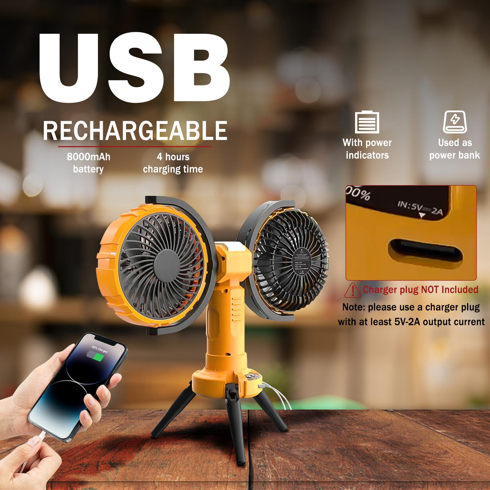 XTAUTO Rechargeable Camping Fan with LED Light, 8000mAh Battery Operated Portable Outdoor Fan, 270° Oscillating 360° Rotation Tent Fan for Beach Travel Fishing Home, Yellow Camping Fans