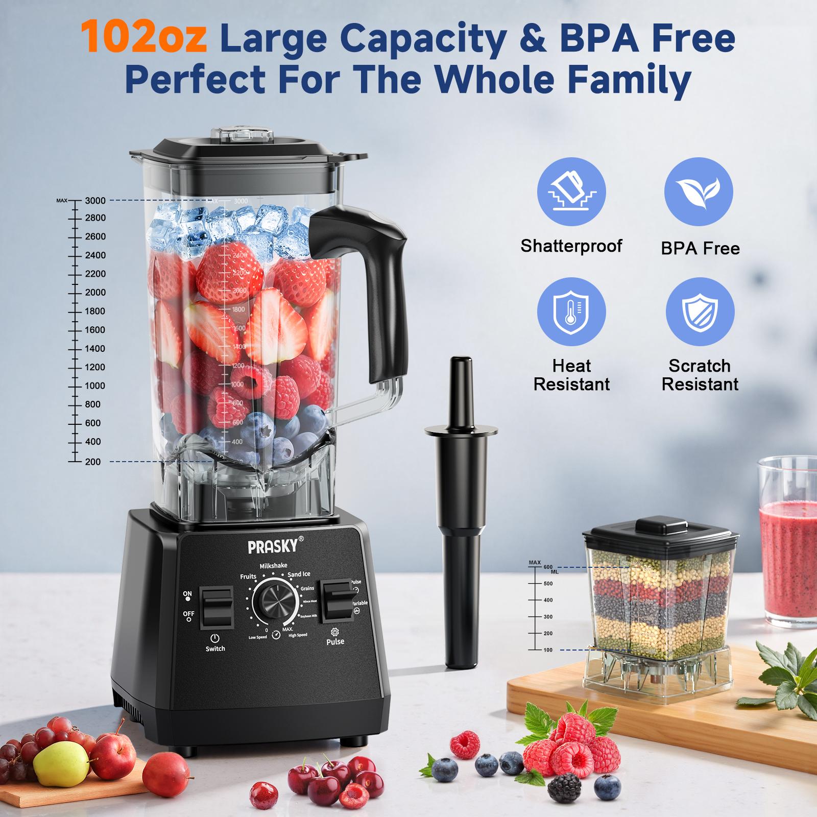 Prasky 102oz 2in1 Blender and Grinder for kitchen use, 2 Cups Large capacity Powerful Kitchen Blender 68oz BPA-Free 2 Containers Countertop Blenders, Crush Ice, Makes Sauces&Smoothie, Grinds Coffee& Spices - Ideal for Frozen drinks & daily blending needs