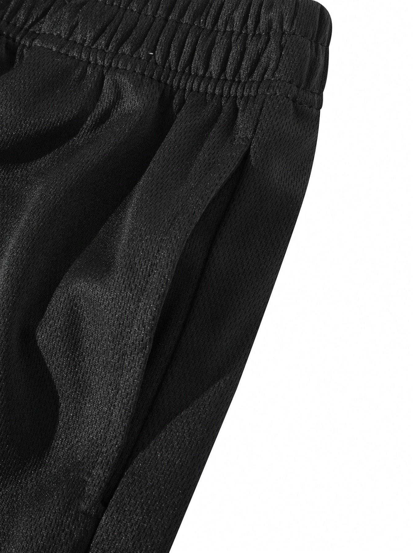 Men's Mesh Breathable Letter Print Summer Beach Shorts, Trendy Streetwear, Sportswear, Casual, Comfortable Fashion, Asymmetrical Design, Loose-Fitting, Baggy, Oversized, Plain Pattern