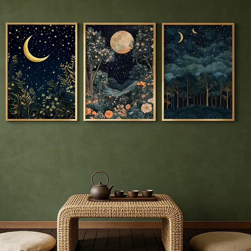Optional Wooden Frame William Morris Artistic Canvas Art Prints Floral Boho Print 3pcs Gold Decor Decoration Moon Poster Night Sky Botanical Floral Wall Artwork for Bedroom