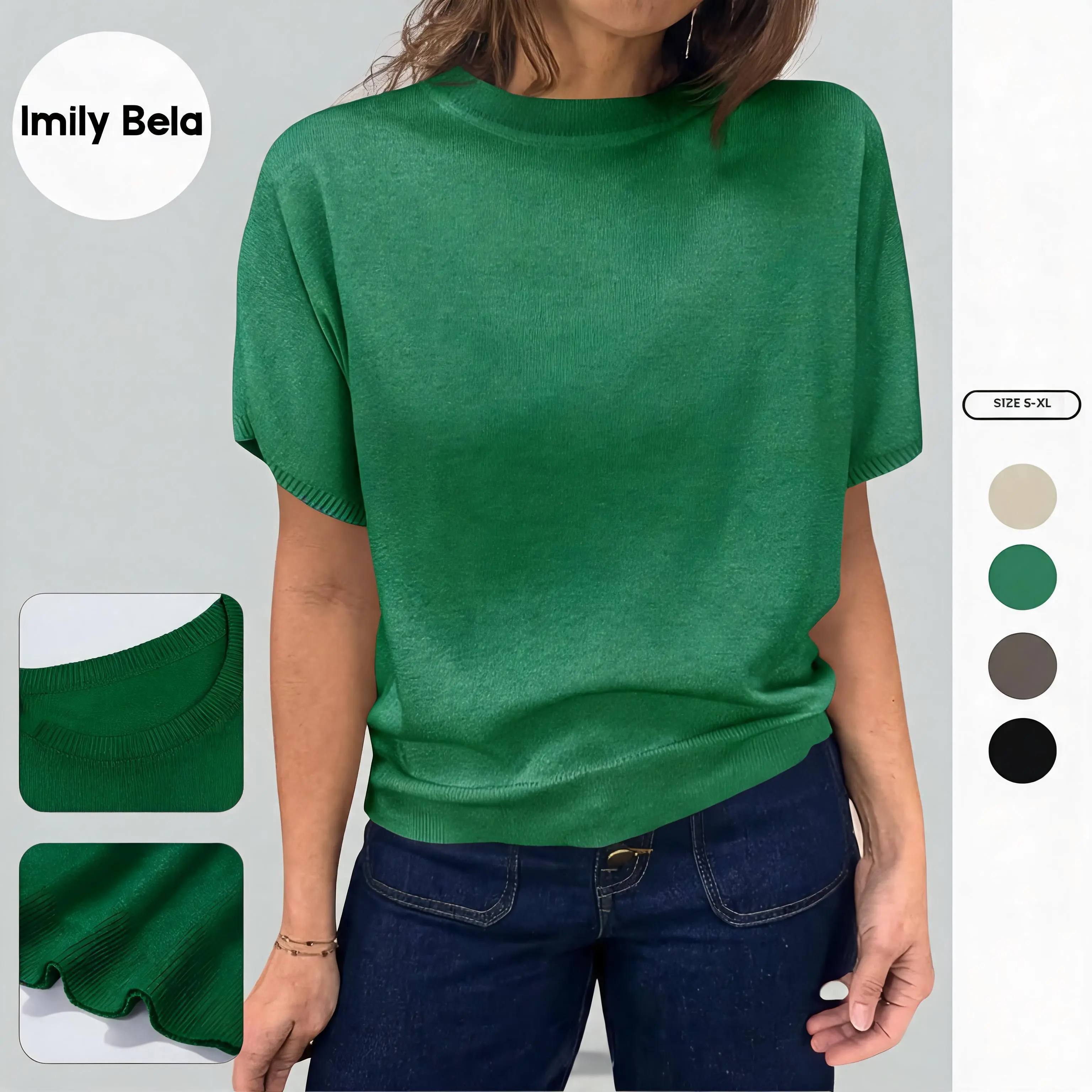 Imily Bela Womens Short Sleeve Sweater Casual Basic Crew Neck Loose Knit Pullover Tops Summer Lightweight Blouses