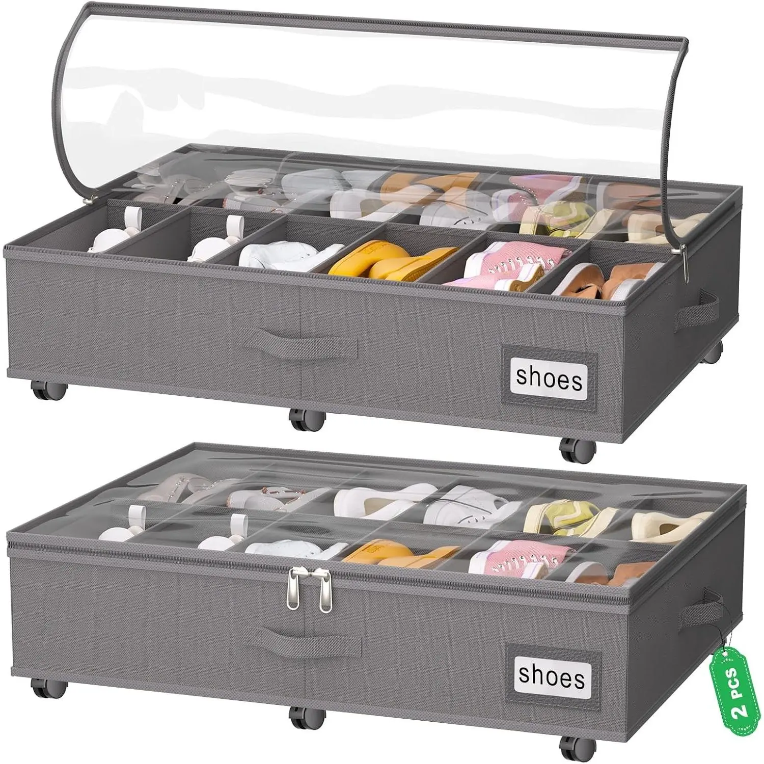 Under Bed Shoe Storage with Wheels, Fits 24 Pairs, Rolling Shoe Organizer with Bottom Support & Clear Lids, Sturdy Under Bed Storage Box for Shoes, Set of 2, Grey