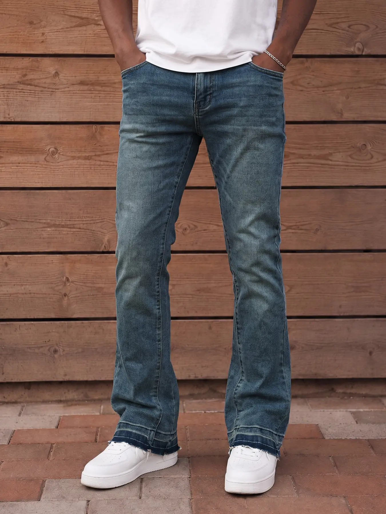 Men's Vintage Micro Flare Jeans, Slim Fit Small Bell Shape, Mid Waist Washed Gradient Faded Denim Long Pants, Streetwear Menswear Fashion Style