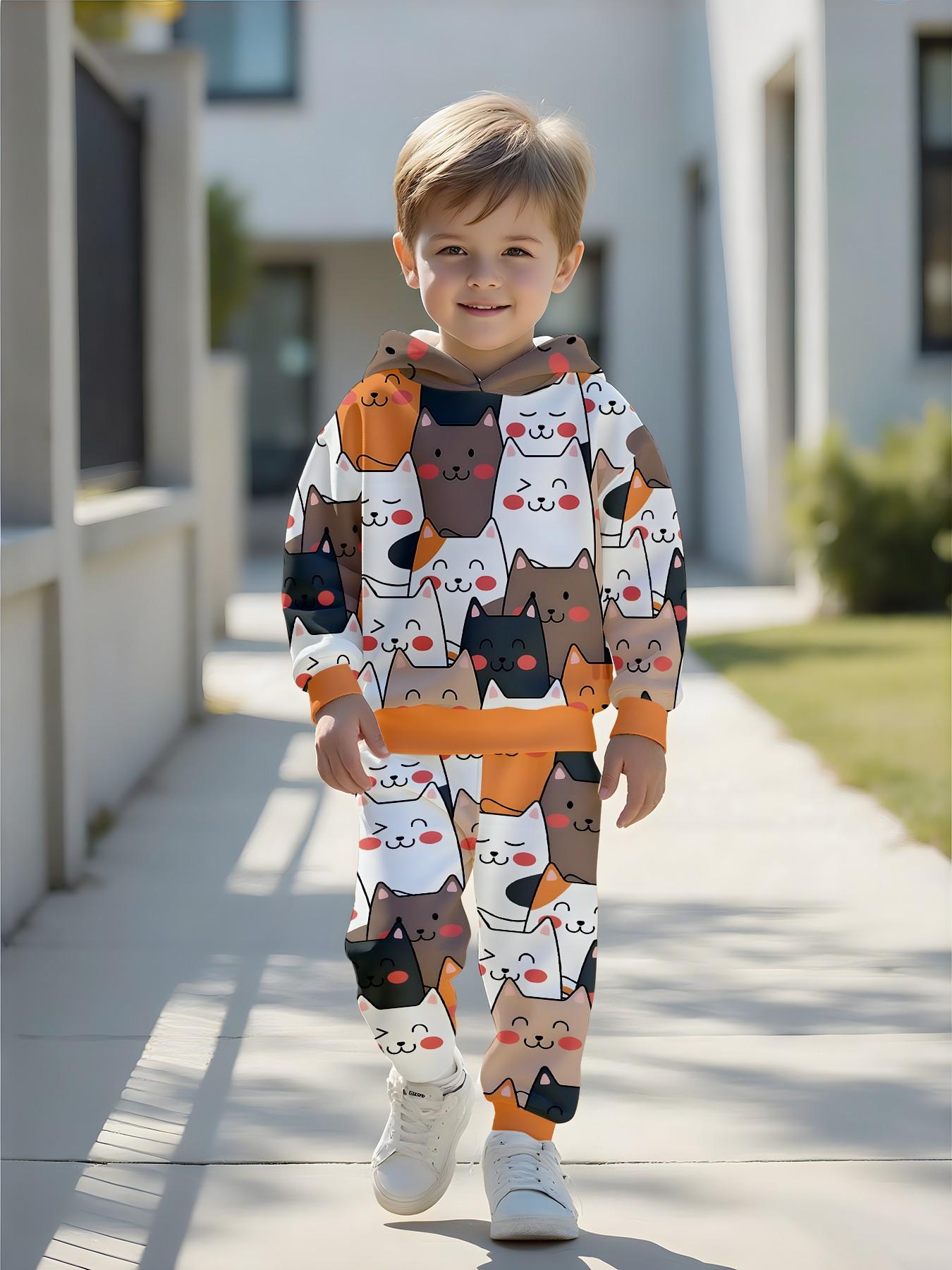 Full Color Cartoon Cat Print Sweatpants Set, Ribbed Hem, Unisex Kids' Long Sleeve Loose Fit, Fall & Winter Casual Suit