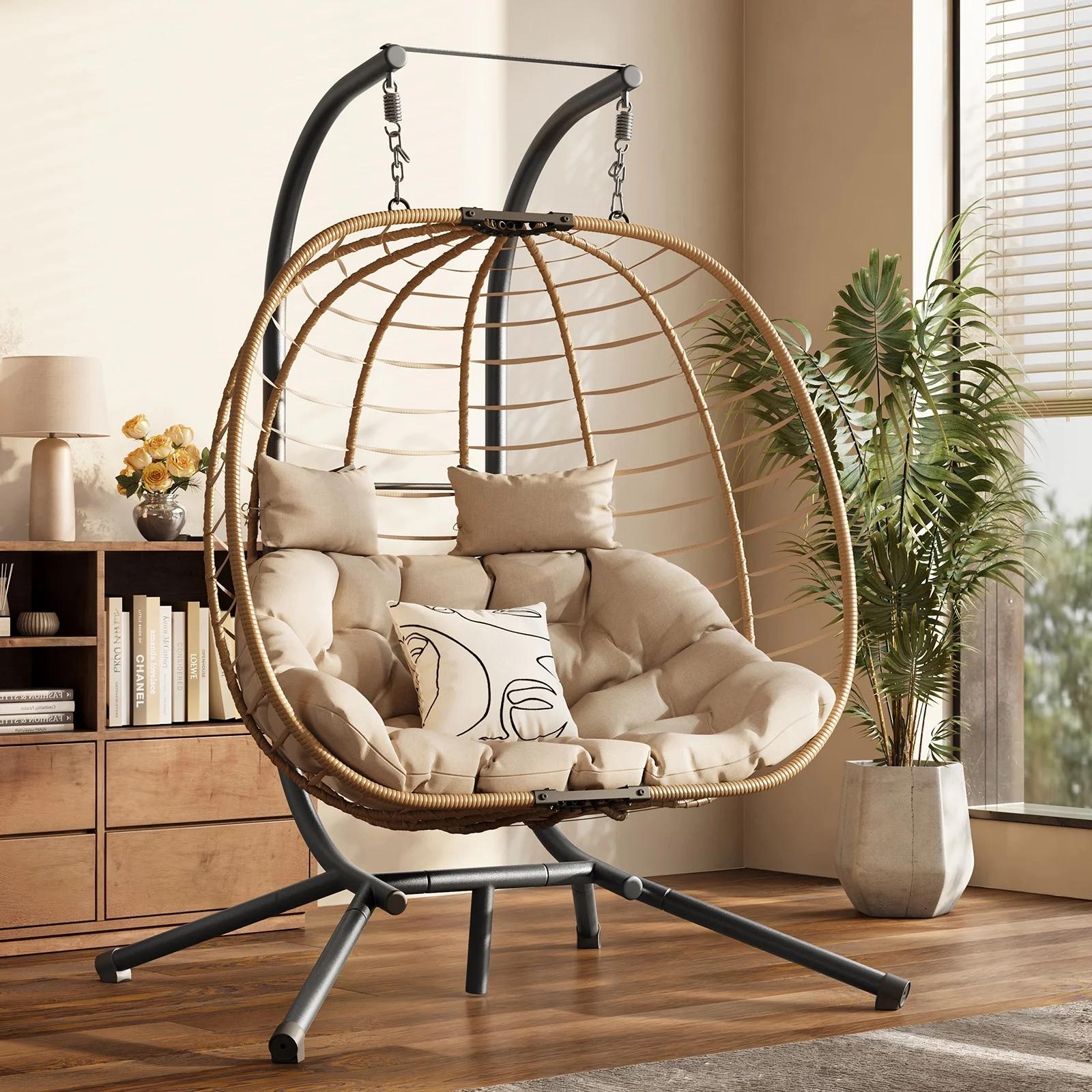 UDPATIO Double Wicker Swing Egg Chair 2 Person Foldable Hanging Egg Chair with Stand, Porch Swing Loveseat for Patio, Balcony, Porch, Indoor，Outdoor,