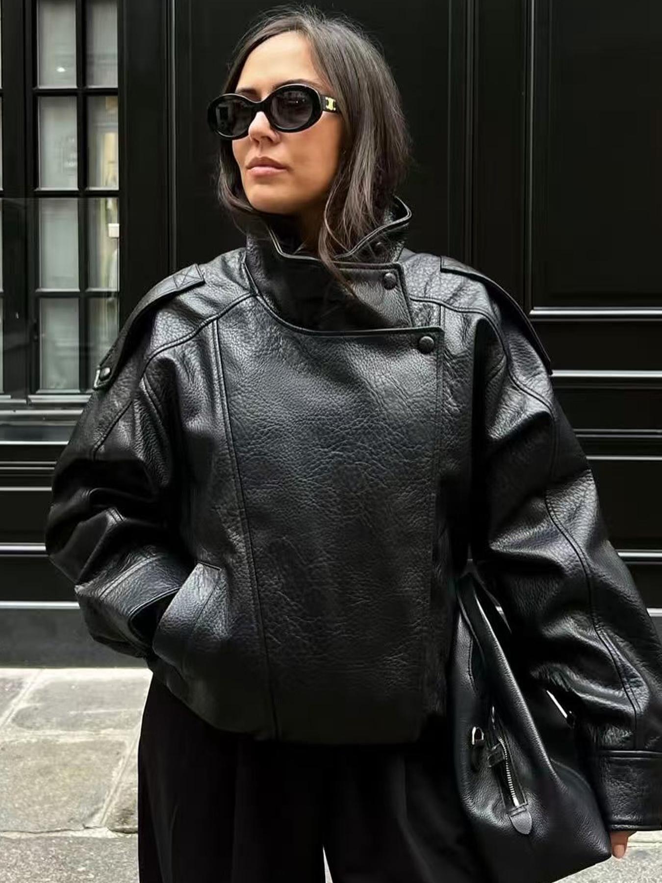 Fashion Oversized Asymmetrical Zip Motorcycle Jacket, Coats