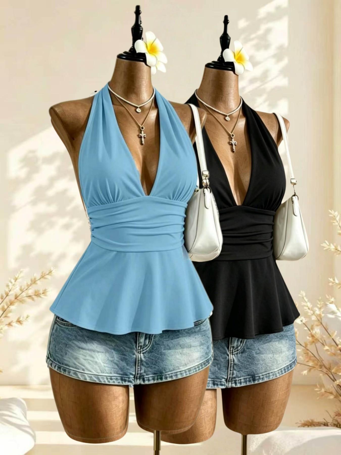Vintage Sweet Cool Polka Dot Halter Sleeveless Top, Deep V Waist Slimming Ruffle Sexy Shirt, Two Pieces Set, Casual All Seasons Wear Fit