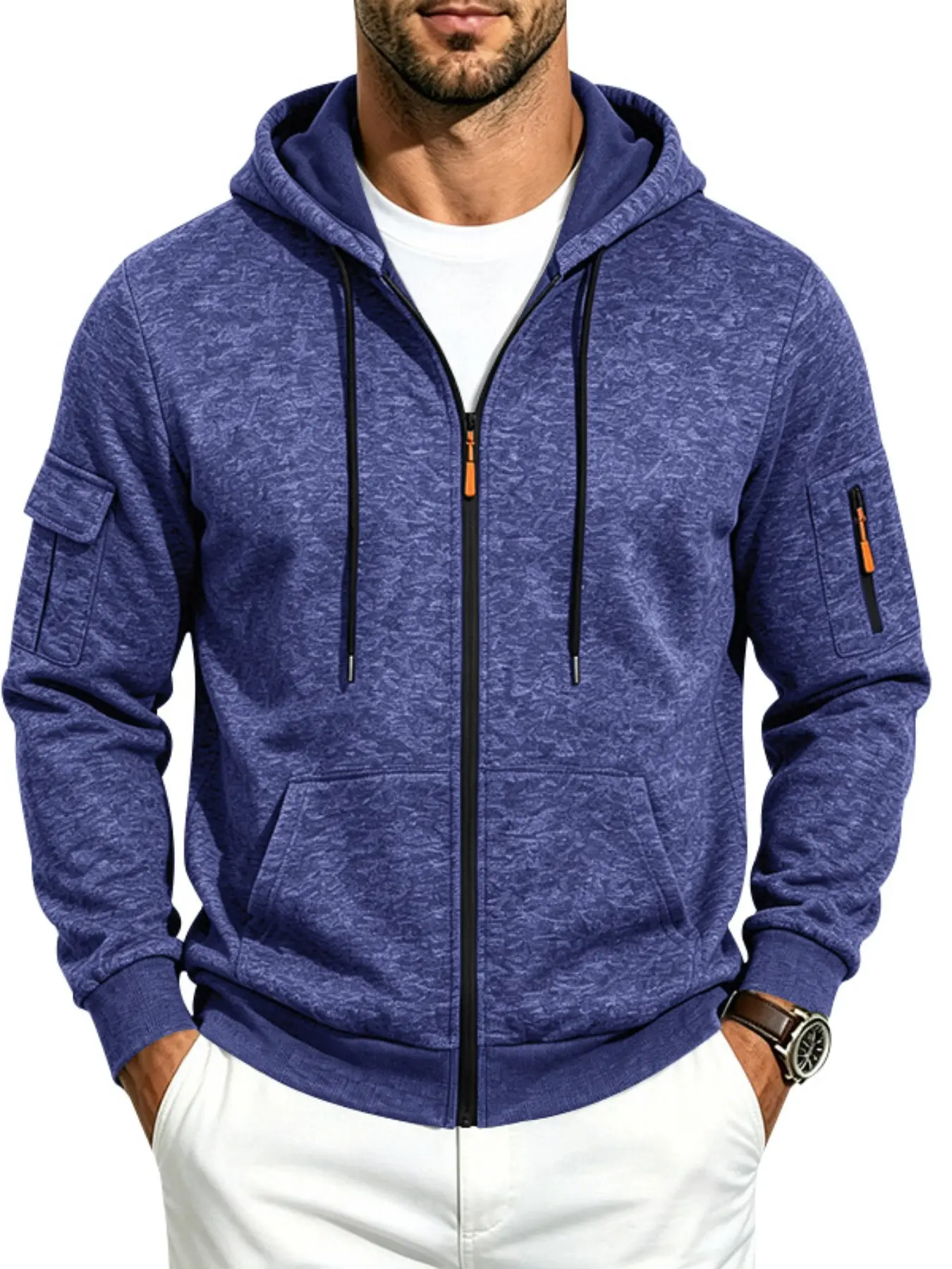 Men's Full Zip Up Hooded Sweatshirt Jacket, Long Sleeve Casual Hoodie With Zipper Arm Pocket & Dual Front Pockets, Soft Loose Fit Lightweight Outerwear for Fall Winter Daily Outdoor Sports Multiple Solid Colors