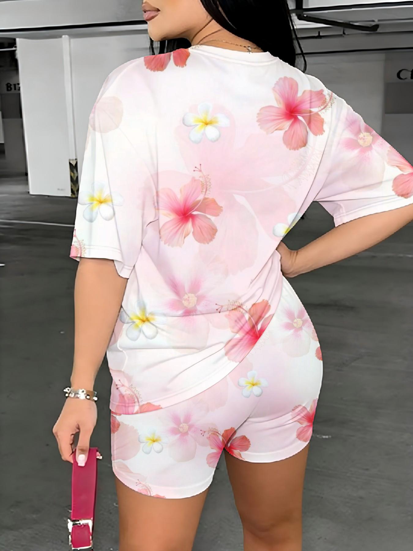 Summer Tropical Hibiscus Print Oversized Tee With Casual Shorts, Vacation Girlish Outfit