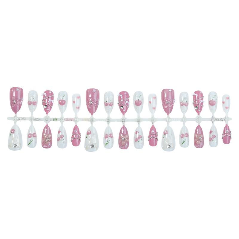 Pastel Pink Cherry & Bow Cat Eye Press On Nails, 3D Epoxy Love Heart, Low Saturation Nude Tone, Sweet Gentle Fresh Style, Pearl Chain & Rhinestone Bling Luxury Wearable False Nails