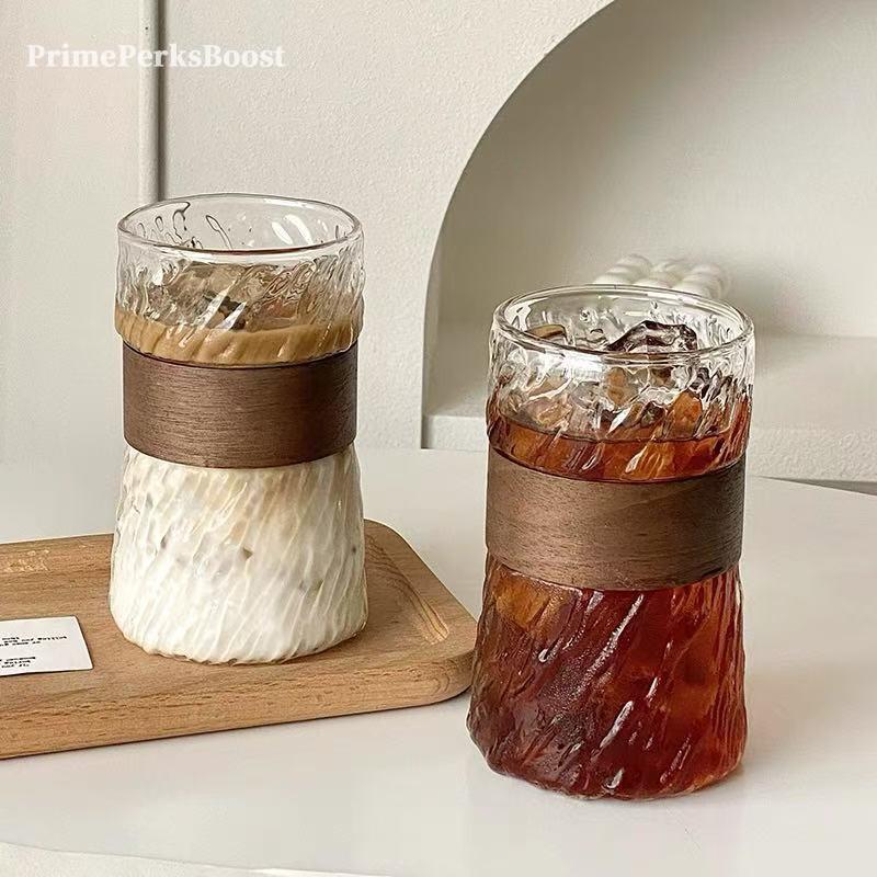 Aesthetic Glacier Textured Borosilicate Glass Tumbler with Wooden Sleeve, Thickened Heat Insulated Coffee Cup, Food Grade BPA Free, Easy Clean, Dishwasher Safe for Iced Coffee Whiskey,Home Office Bar Daily Use, Housewarming Birthday Gift for Coffee Lovers