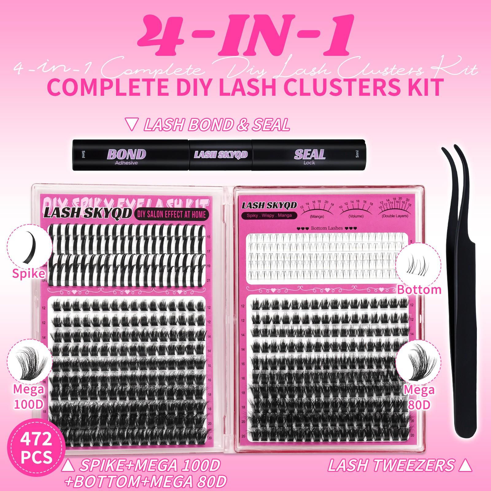 LASH SKYQD 472pcs 4 Styles D Curl False Eyelash Cluster Kit, Bottom/Spike/Mega 100D/Mega 80D Volume Lash Extensions Kit With Lash Bond and Seal Tweezers, Perfect for Beginners & Proficient, DIY at Home Easily, Easy Apply for Makeup Daily