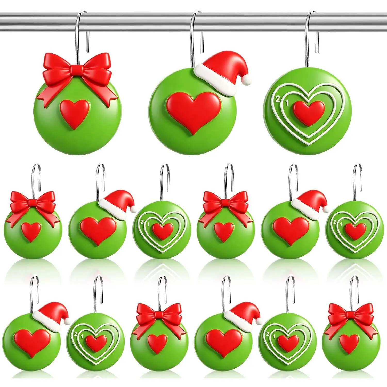 12 Pcs Christmas Curtain Hooks Decorative Green Love| Curtain Rings Christmas Decorations Hanger Hooks for Xmas Holiday Bedroom Bathroom Home Decor