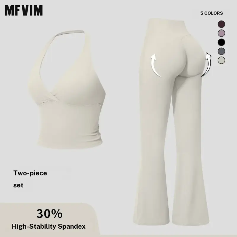 MFVIM Women's 2-Piece Gym Yoga Activewear Set - Twist Knot V-Neck Halter Tank Top, Back-Enhancing Waist-Defining, High-Waist Butt-Lifting Flared Pants, Gym Suit, Workout Sets Women, Travel Essentials