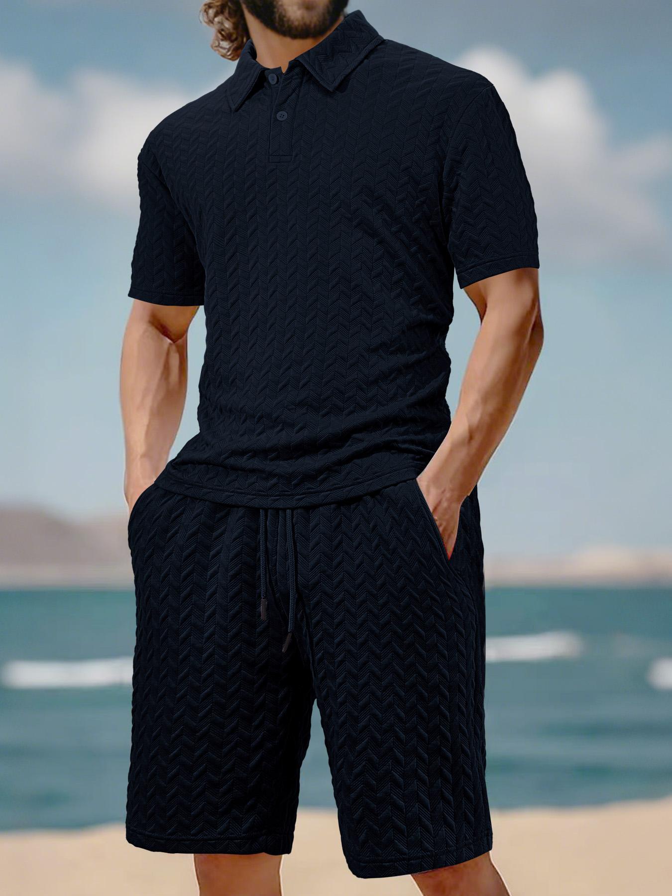 Men's Solid Polo Shirt & Drawstring Waist Shorts Set, Cozy Breathable Casual Two-piece Outfits for Daily Outdoor Wear, Men Clothes for Summer, Menswear