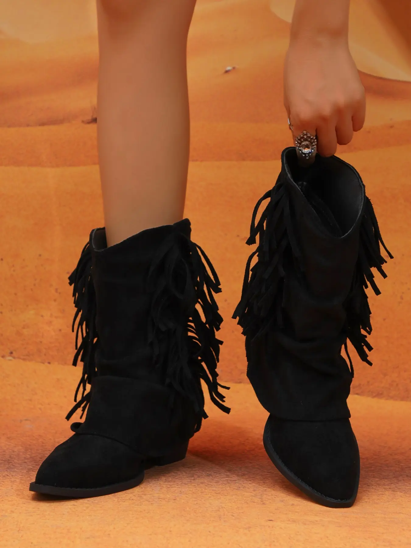 Women's Fringe Western Cowboy Mid-Calf Boots, Plain Sole PU Leather, Sexy Style, Fall&winter, Party, Streetwear, Daily Wear
