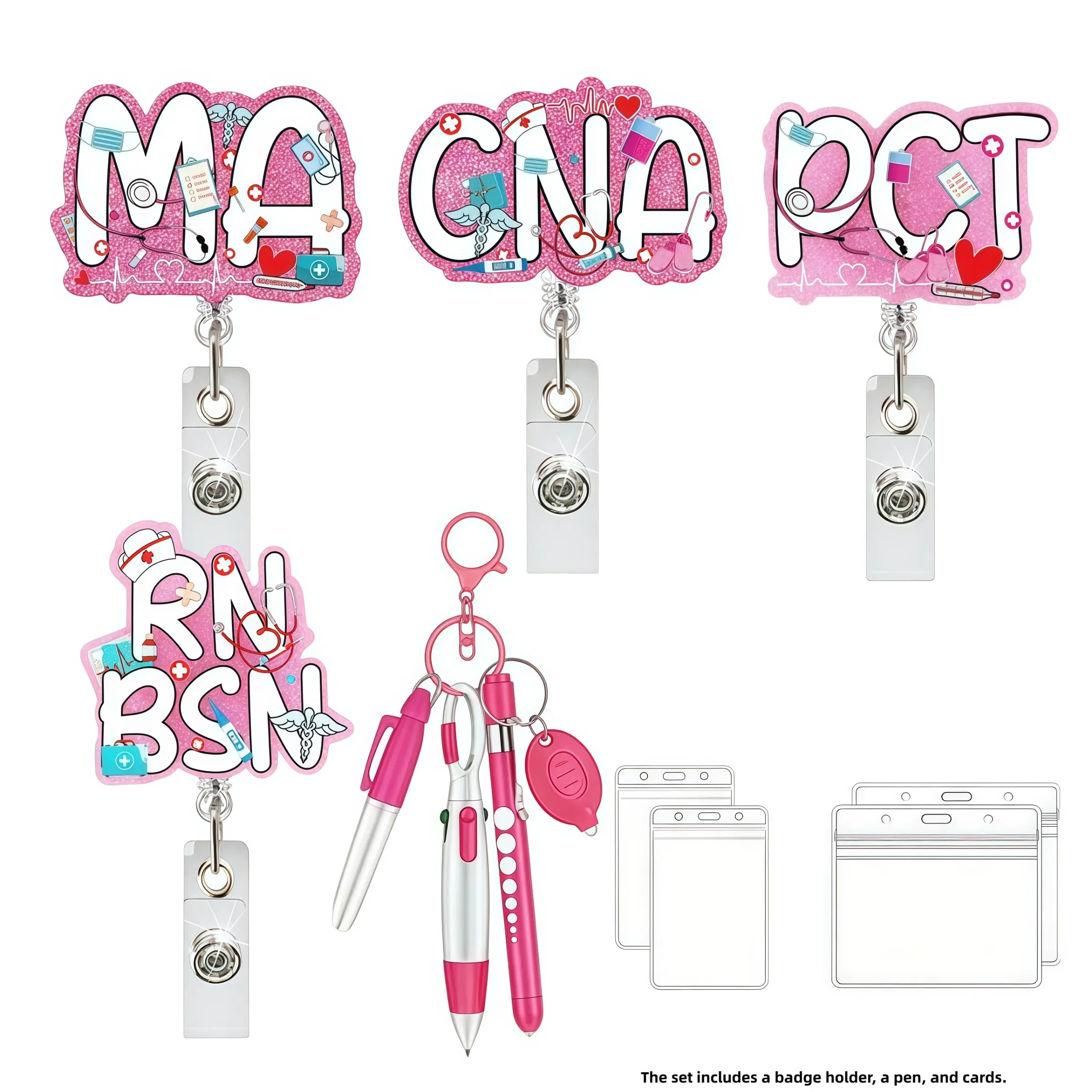 Medical Badge Reel Set with Clip, Includes Pen and ID Card Holder, Shiny Adjustable Badge Reel for Ma/cna/pct/rn/bsn, Perfect Gift
