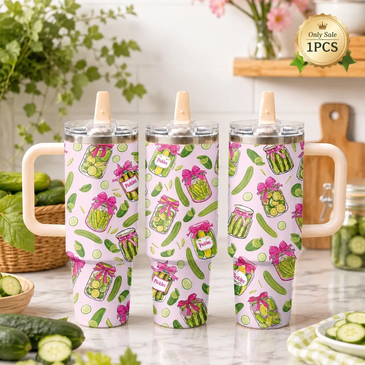 Pickle Lover Water Bottles 40oz Stainless Steel Insulated Tumbler with Handle & Flip Straw Lid, Leakproof Travel Cup for Water, Coffee & Daily Drinks, Fits Car Cup Holder for Gym, Office, Work & Travel