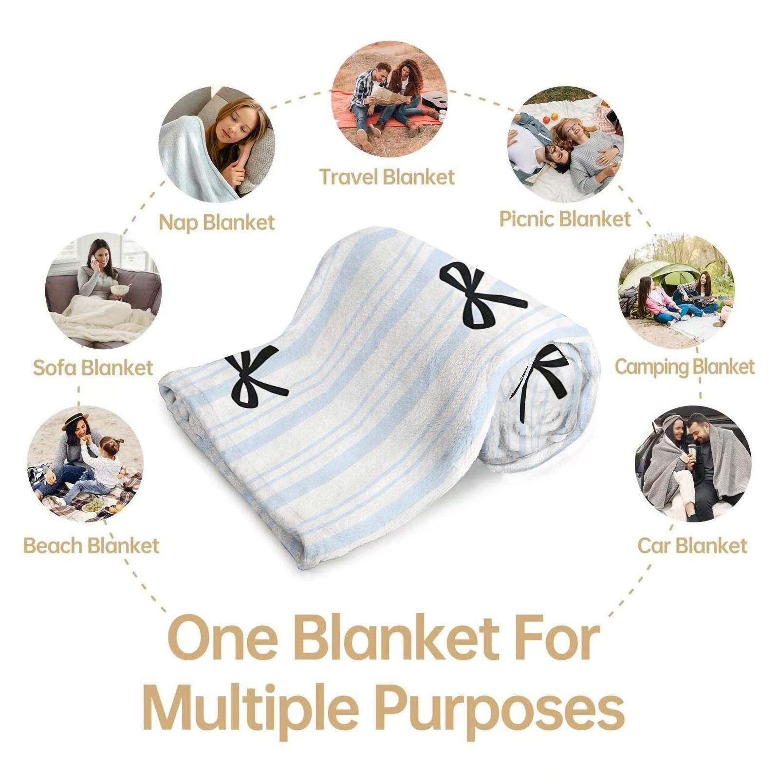 1-Piece Set of Light Blue Striped Cartoon Bow-Printed Blanket, All-Season Flannel Blanket, Available in Multiple Sizes, Soft and Breathable, Perfect for Sofas, Beds, and Office Naps