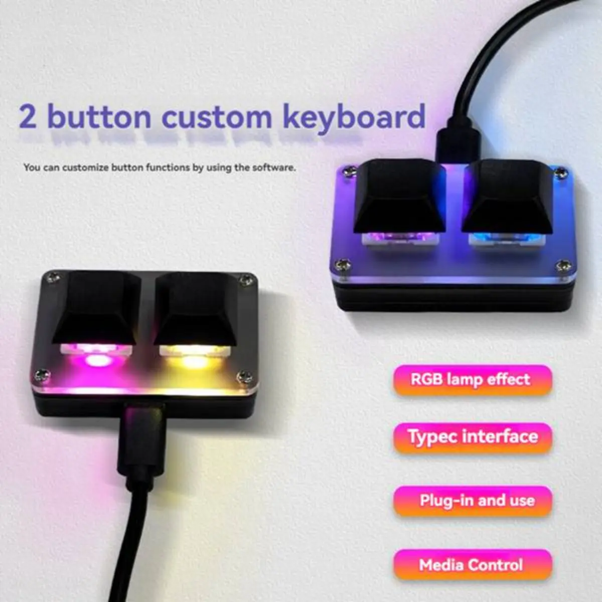 2 Key Custom Shortcut Keyboard with RGB Lighting Type C Wired Mini Keypad for Computer Tablet Phone Office Setup