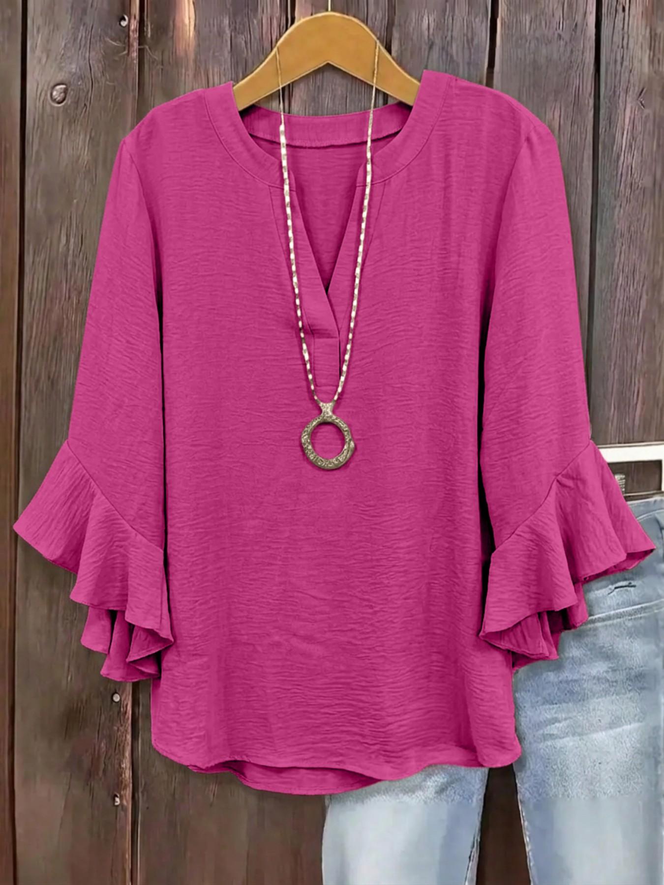 Plus Size V-Neck Ruffled Sleeve Textured Blouse, Loose Fit Y2K Summer Top, Trendy Elegant Flounce Detail, Comfortable Casual Everyday & Party Wear, Blouses Shirts Tops