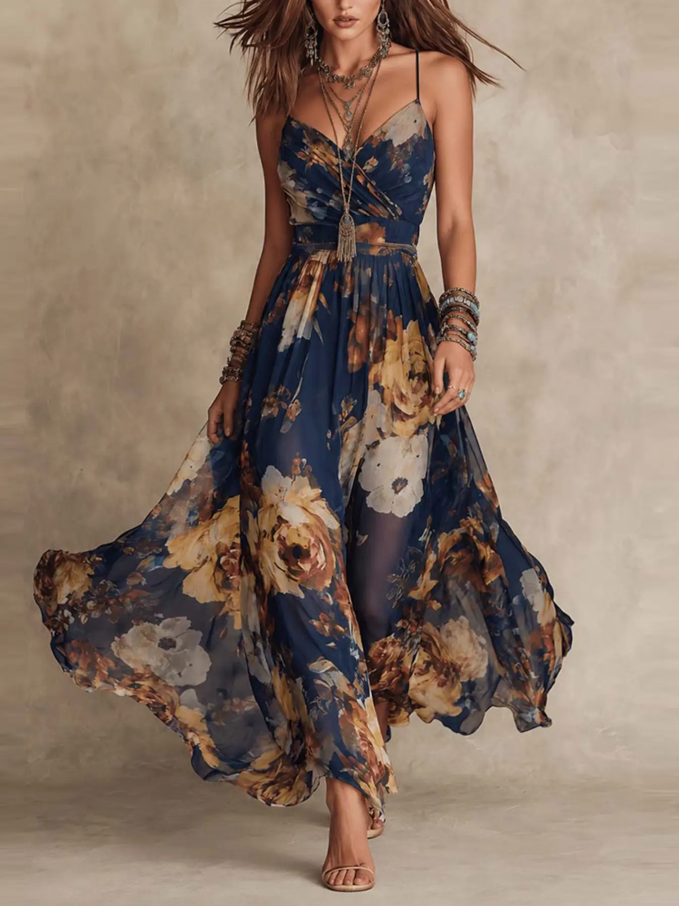 2026 Summer Autumn European Women's Fashion Floral Print Ruched Sexy Halter Dress, Full Body Print Long Dress, Bohemian, Elegant and Chic Style