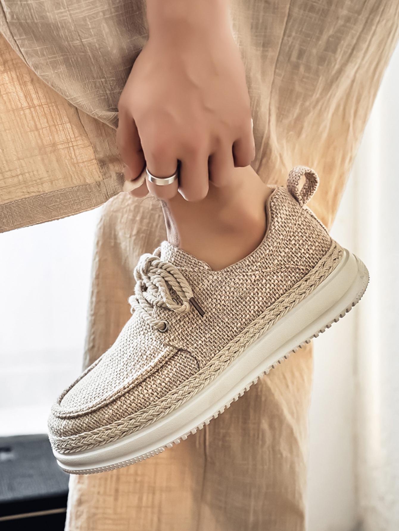 New Summer Men's Cotton Linen Shoes, Breathable Non-Stuffy, Straw Trim Fringe Design, Casual Retro Style, Perfect for Daily Wear