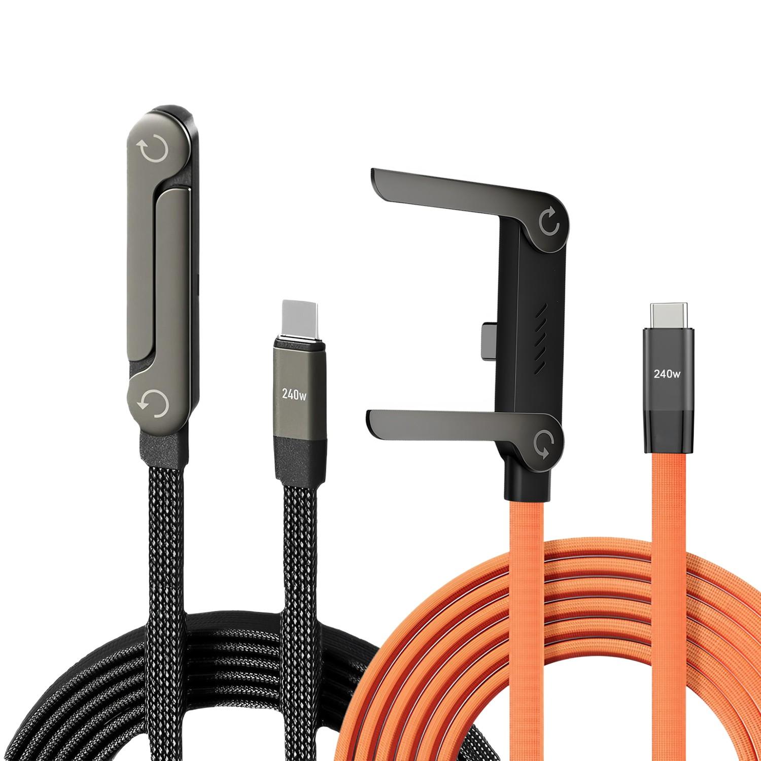 240w Super Fast Charging Data Cable, Foldable Phone Stand for iPhone 15-17 Android, Type C to C Braided 360° Rotating Charger Line