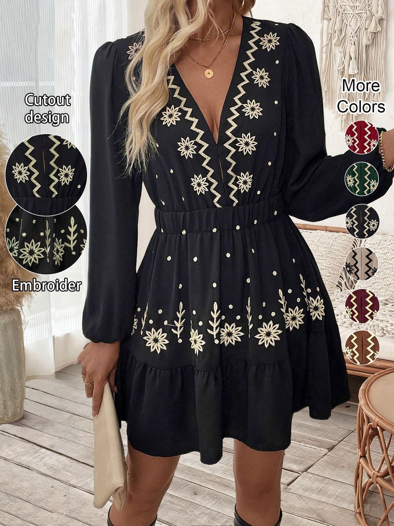 Women's Embroidered Deep V Neck Hollow Out Long Sleeve Dress, Bodycon A-Line Skirt, Elegance, Perfect Spring Summer Choice