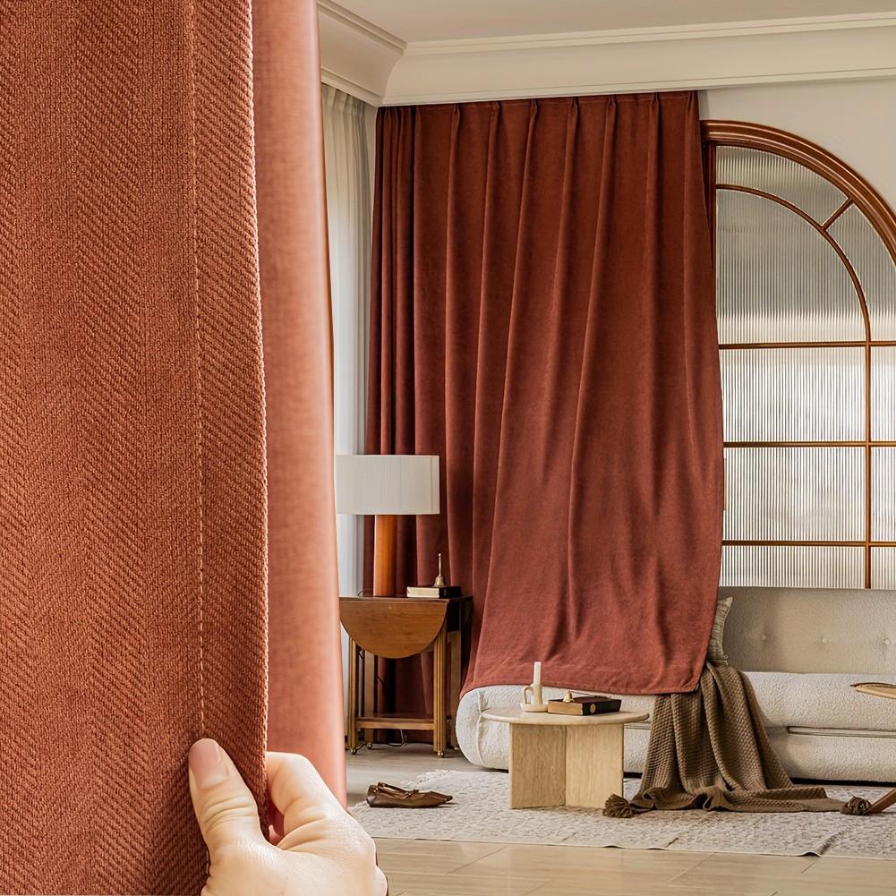 1pc Solid Herringbone Chenille Curtain, American Style Simple Perforated Curtain, Polyester Home Finished Perforated Curtain