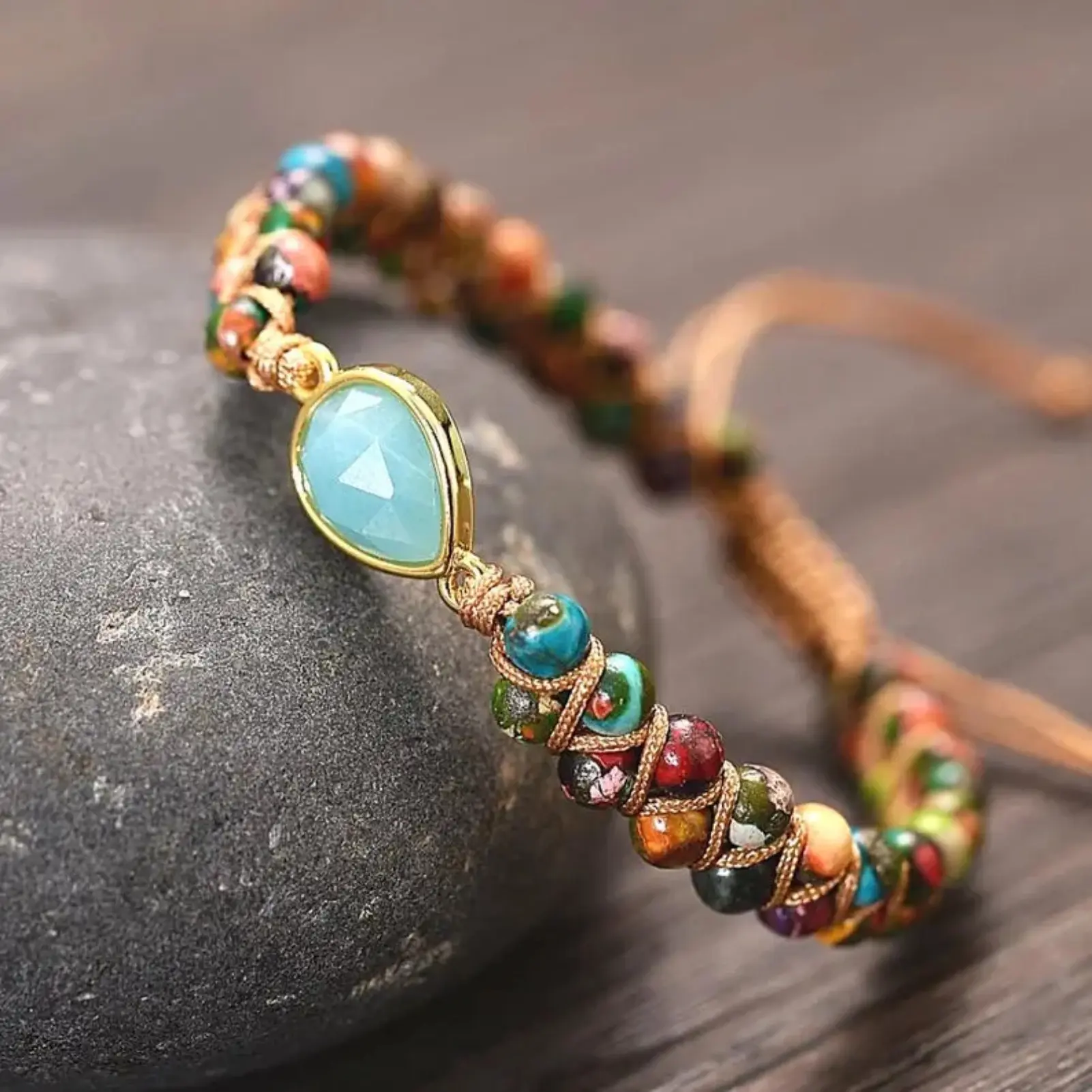 Natural Crystal Bracelet - Green Amazonite Sea Sediment Crystal, Handmade Braided Woven Adjustable Bracelet for Women, Healing and Daily Celebrations