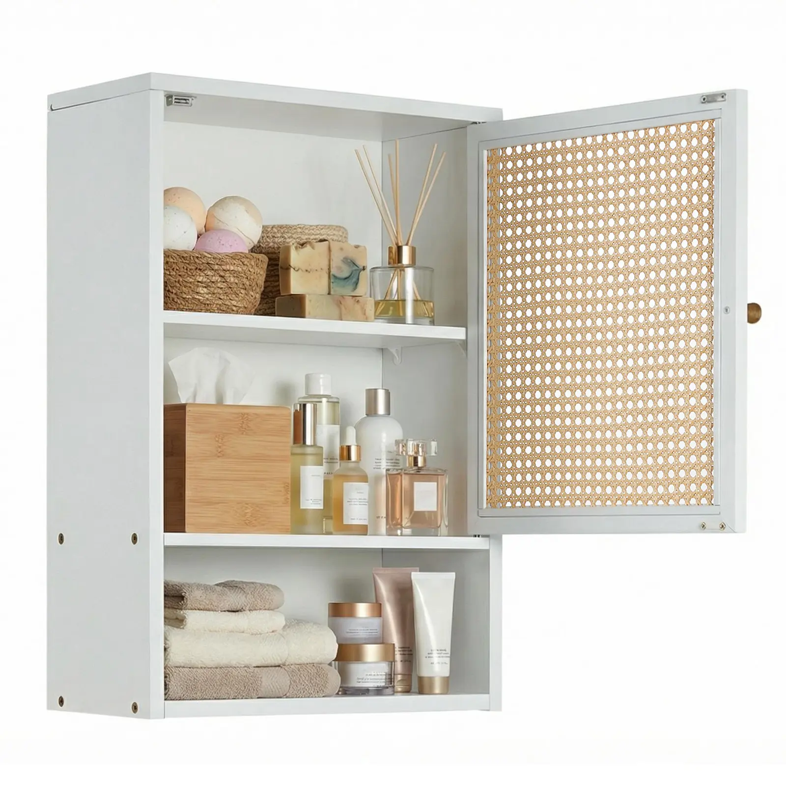 Bamboo Over The Toilet Storage Cabinet with Rattan Doors, Wall Mounted Organizer with Adjustable Shelf for Bathroom, Kitchen, Laundry Room