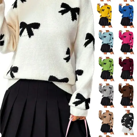Women's Fashion Bow Print Casual Style Loose Sweater, New Long Sleeve Pullover for Autumn and Winter, Knitwear, Fabric, Tops, Womenswear
