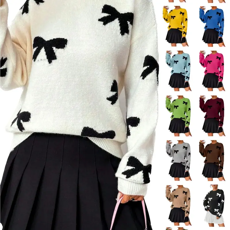 【Black Friday】Women's Casual Fashion Bow Print Sweater, New Long Sleeve Pullover for Autumn and Winter, Knitwear, Comfortable Fabric, Tops, Womenswear