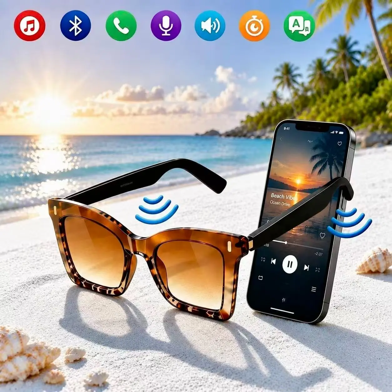 AI Bluetooth-compatible Smart Audio Glasses, Wireless Translation Glasses with Multi-Language APP Translation, UV Protection, Auto Wear Detection, Leopard Print Sunglasses, Sweatproof, Suitable for Travel, Navigation, Meetings & Business