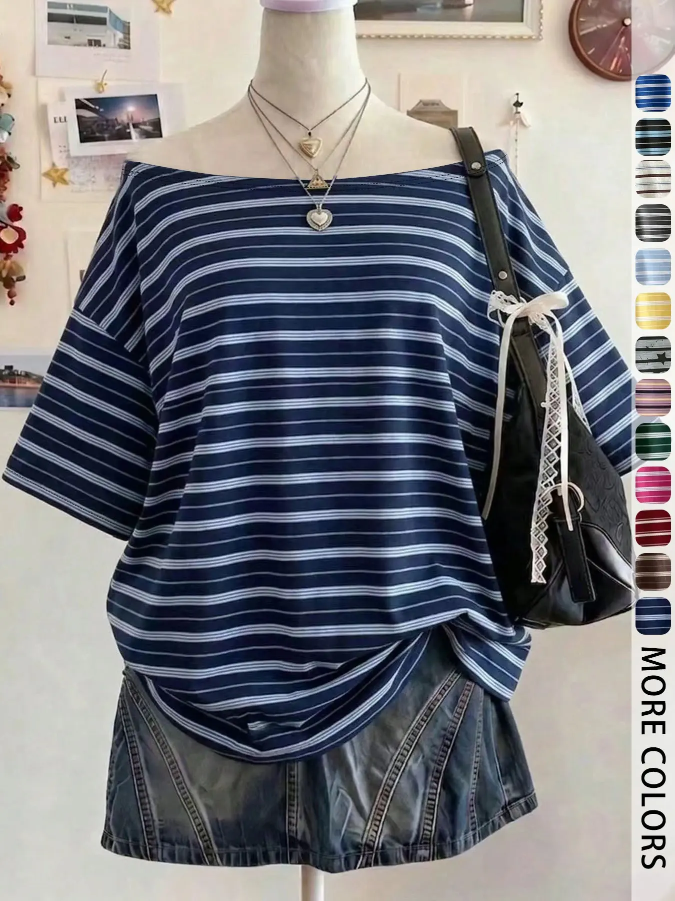 Women's Off-Shoulder Striped Short-Sleeve Top, Casual Loose Fit, Suitable for Shopping, Vacation and Daily Outings