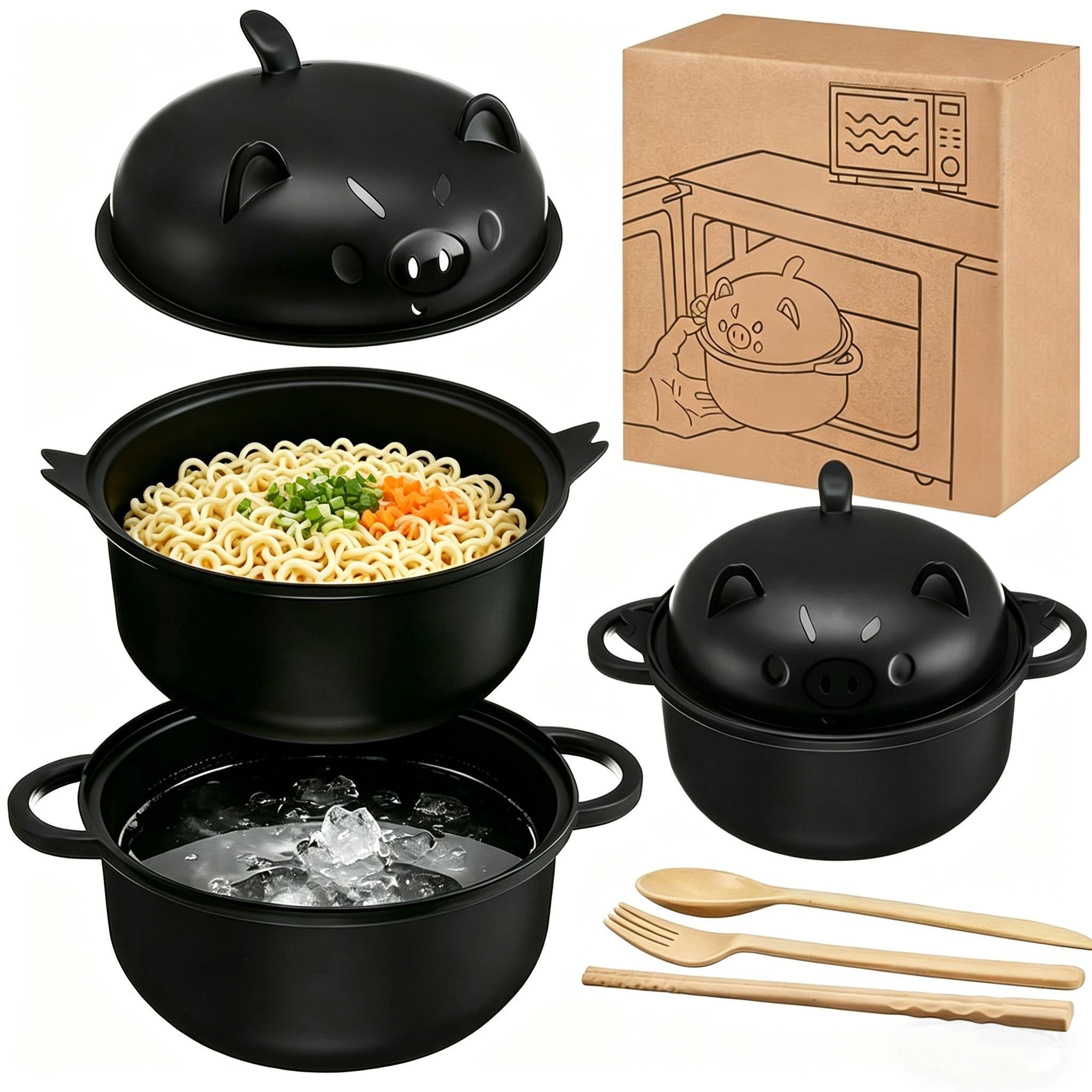Nifogo Stylish Wheat Straw Cartoon Pig Ramen Noodle Bowl Set - 43oz(1300ml) Microwave-Safe Ramen Cooker with Strainer Lid, Handle, Spoon, Fork, Chopsticks, Stackable Bowls - Camp Kitchen Ware for Home,Camping Use