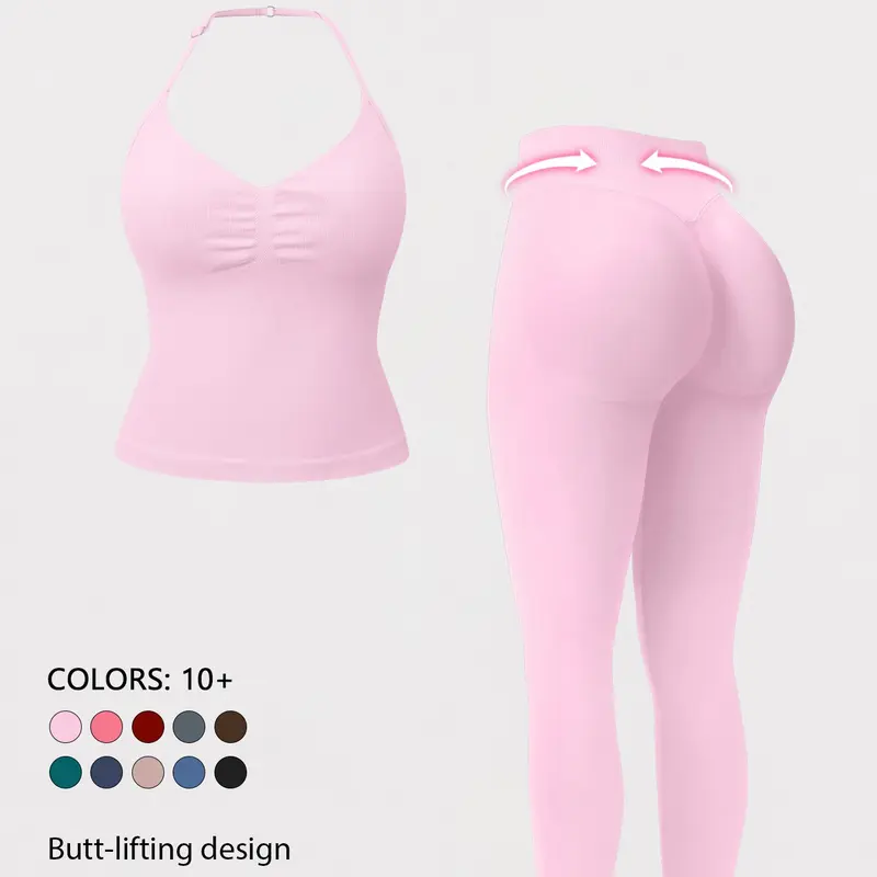 Women's Fitted High Stretch Activewear Set, Bodycon Workout Set, Matching Gym Set, Backless High-Waisted Tight-Fitting Top & Leggings, Stretchy Sports Outfit, Breathable Athleisure Outfit for Yoga, Gym, Golf & Tennis