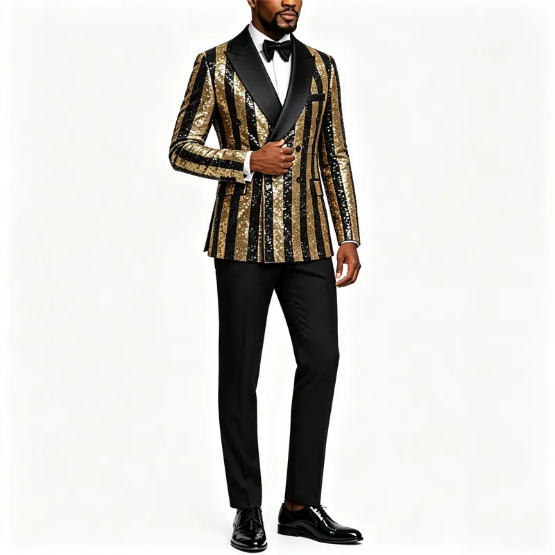 Men's Tuxedo Suit, Double-Breasted Fitted Sequin Blazer with a Gold Stripe Print, 2-Piece Formal Evening Outfit for Wedding & Prom, Watch Party