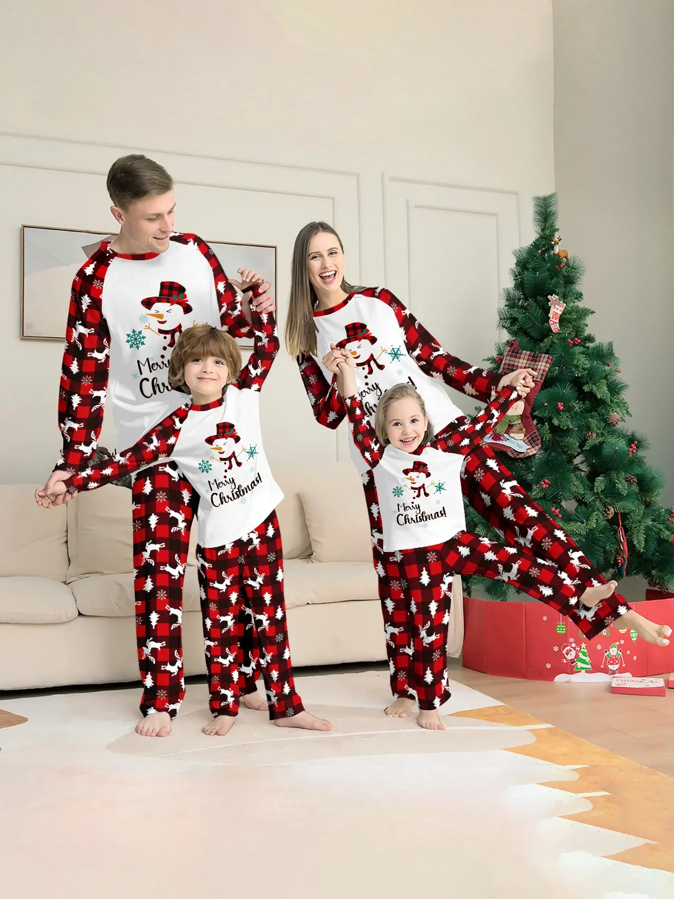 Adorable Snowman Christmas Pajama Set, Patchwork Long Sleeve Top, Plaid Deer Tree Pants, Soft Comfortable Home Wear