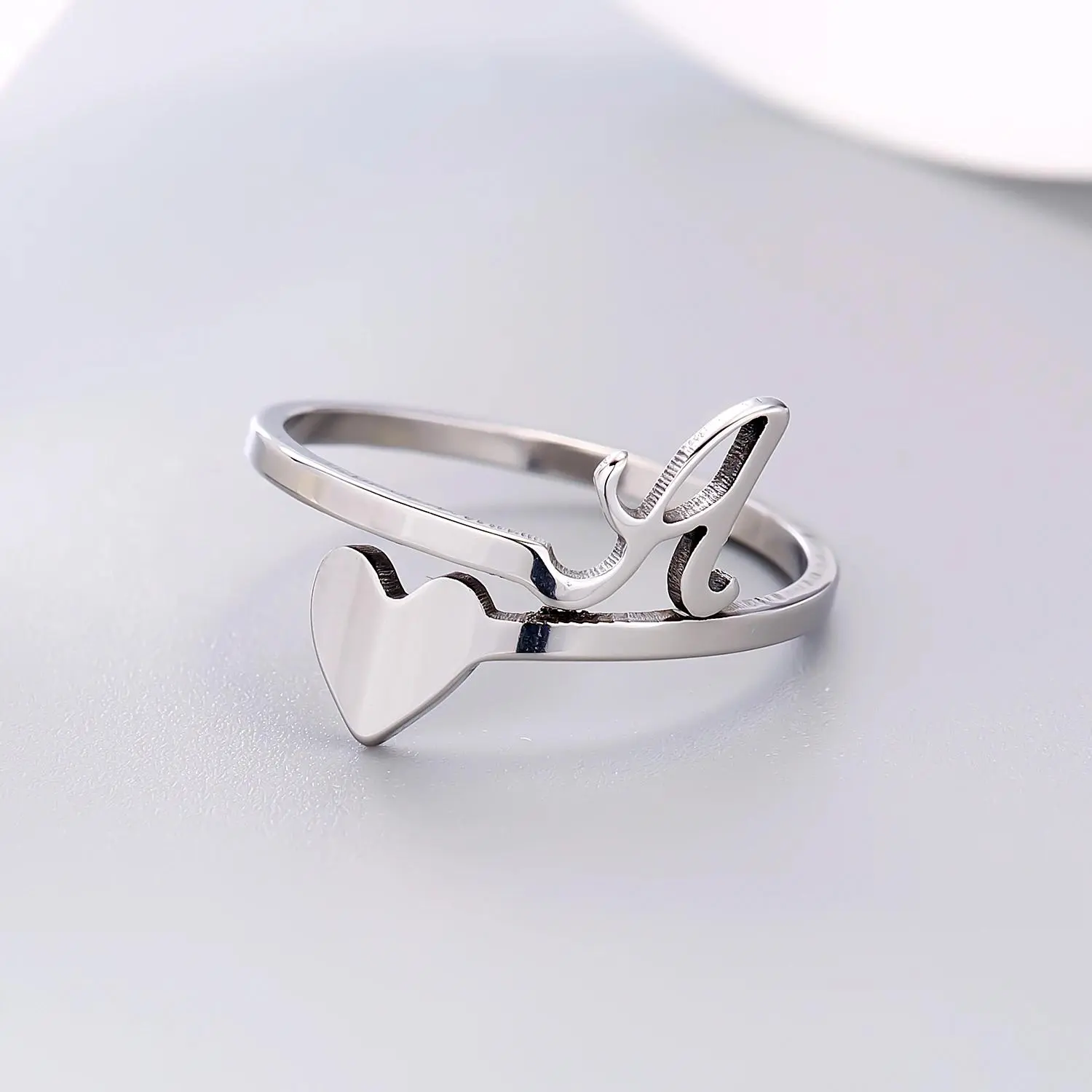 Fashion Silver Color 26 Letter Love Heart Rings Stainless Steel Open Ring for Women Men Couple Initial Name Finger Jewelry Gifts