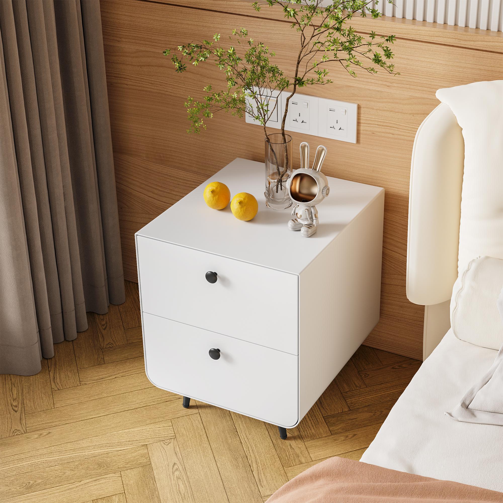 Modern Night Stand Storage Cabinet for Living Room Bedroom, Steel Cabinet with 2 Drawers,Bedside Furniture, circular handle,Bedside table,,Side table,Modern steel nightstand with drawers,Bedside table