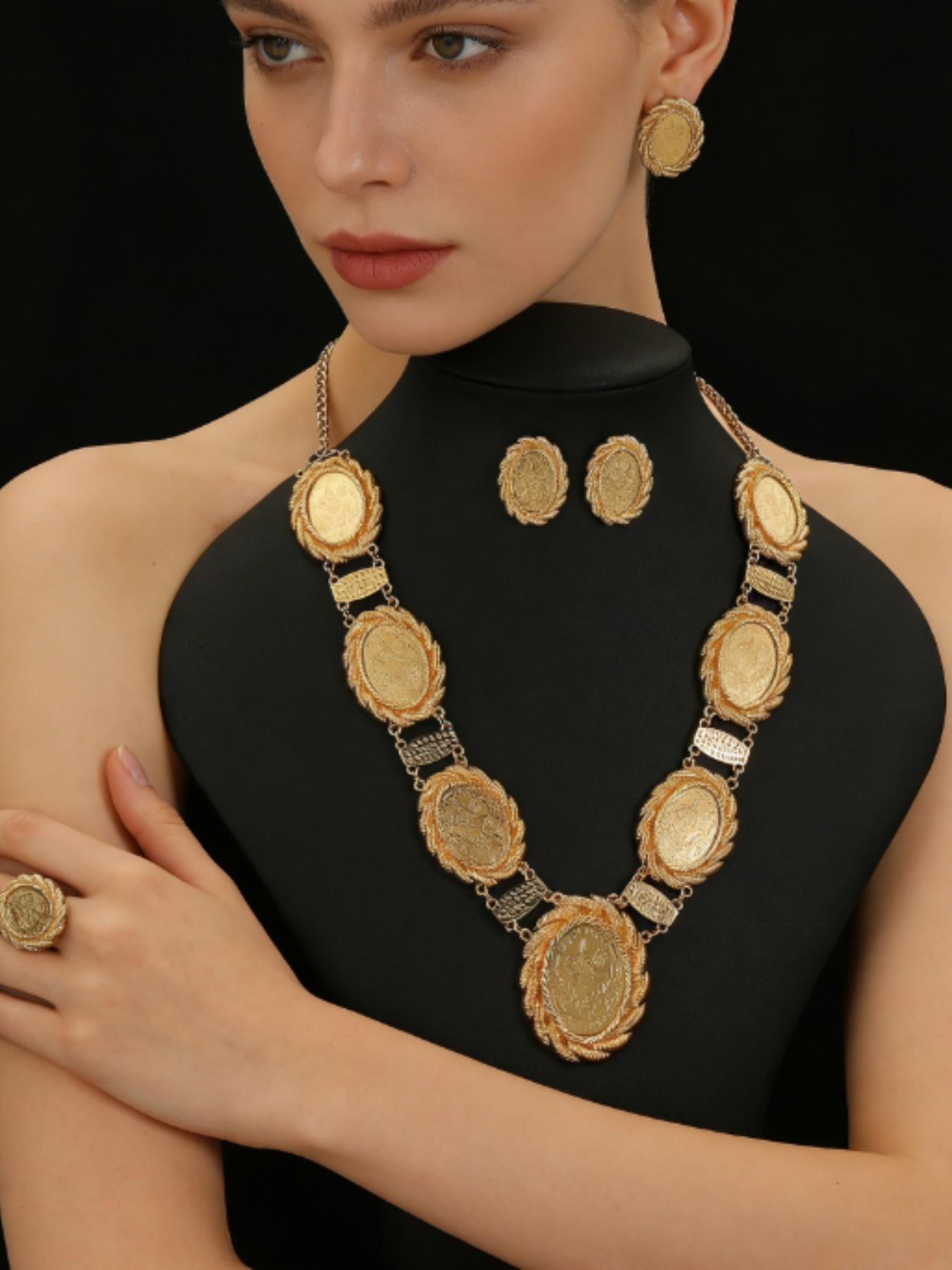 Vintage Turkish Oval Gold Coin Jewelry Set, 18k Gold Plated Luxury Exotic Accessories, Casual Stainless Steel Chain, All Seasons