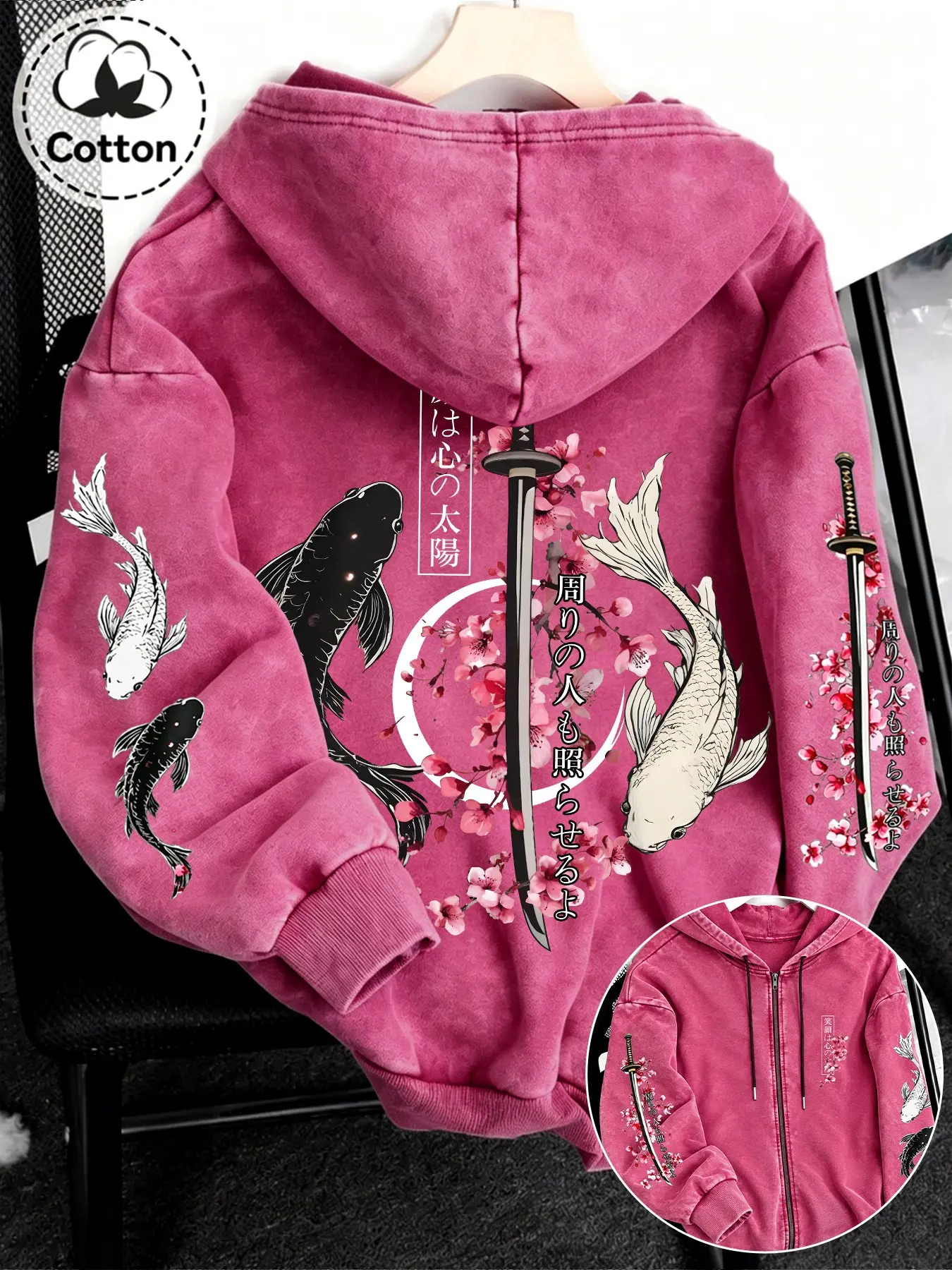 Men's Cotton Hooded Jacket, Japanese Style Koi Cherry Blossom Samurai Knife Zipper Hoodie, Winter Layering Outerwear, Casual Asymmetrical Design, Floral Hoodies