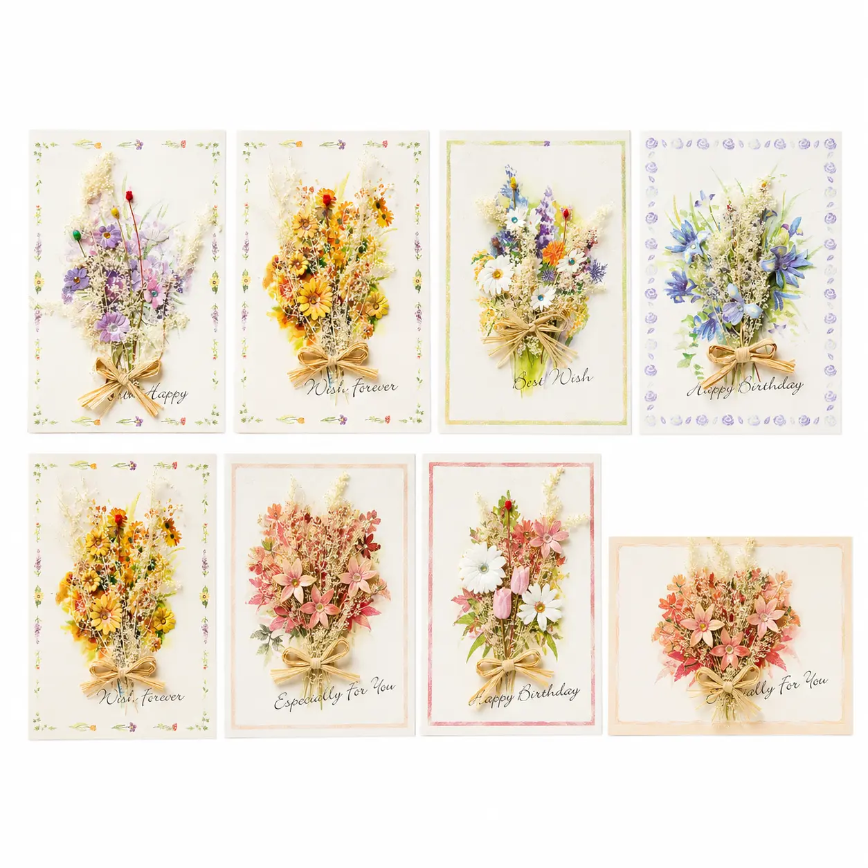 Floral Theme Paper Greeting Card Set - 8 Pack Assorted Pressed Flowers Note Cards with Raffia Bow, Free 5 Assorted Colors Gel Pens for Birthday, Thank You Occasions