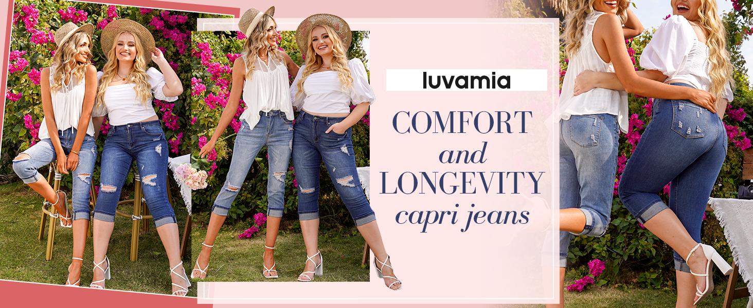 luvamia Women's High Waisted Stretch Capri Jeans, Distressed Ripped Skinny Fit Cropped Denim with 5 Pockets, Pocket, Distressed Ripped Jeans, Bottom, Basic, Cropped Calf-Length Jeans